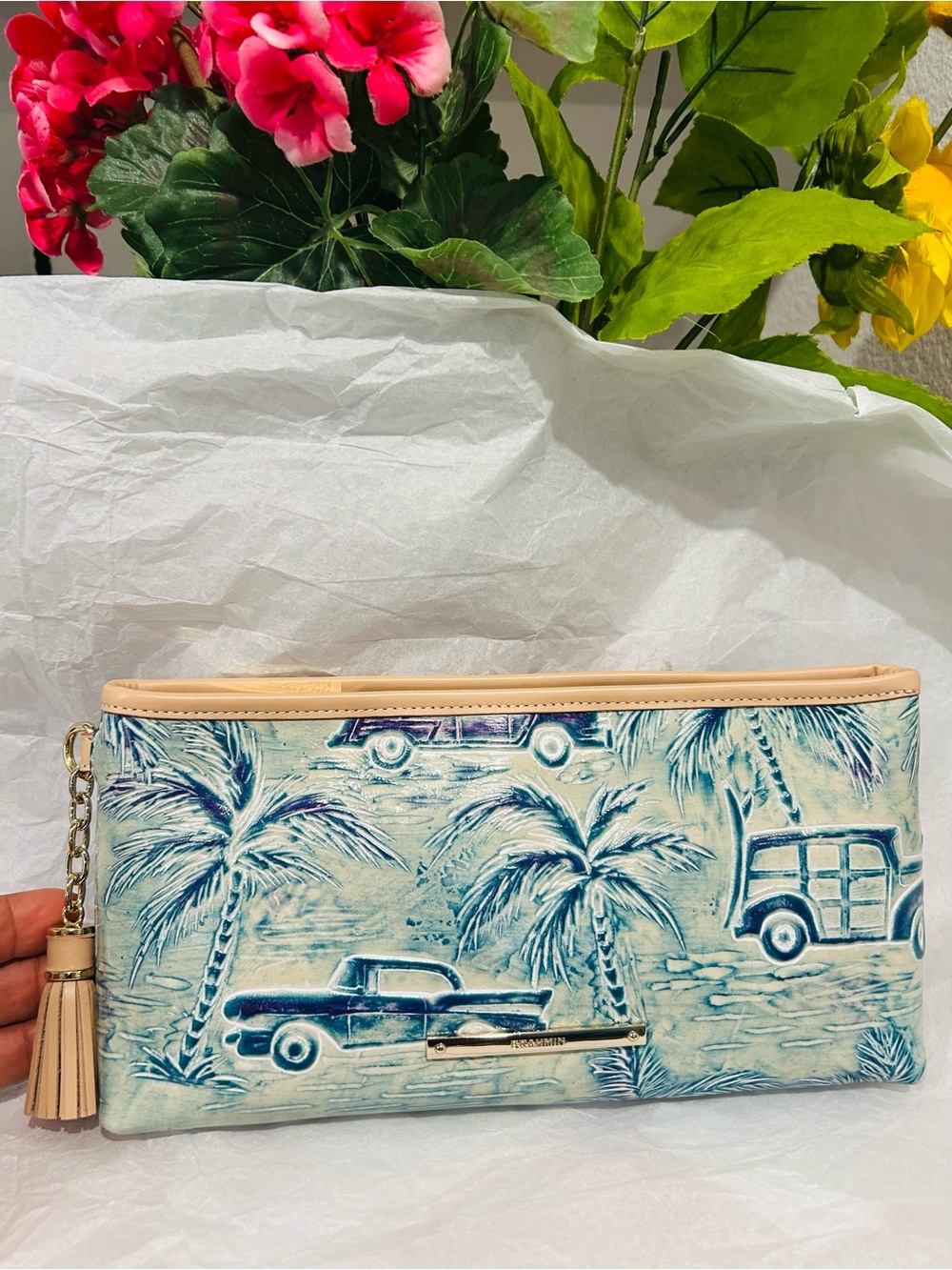 Brahmin Sky Blue Copa Cabana Kayla Wristlet - Teal Palm Print with Tan Trim